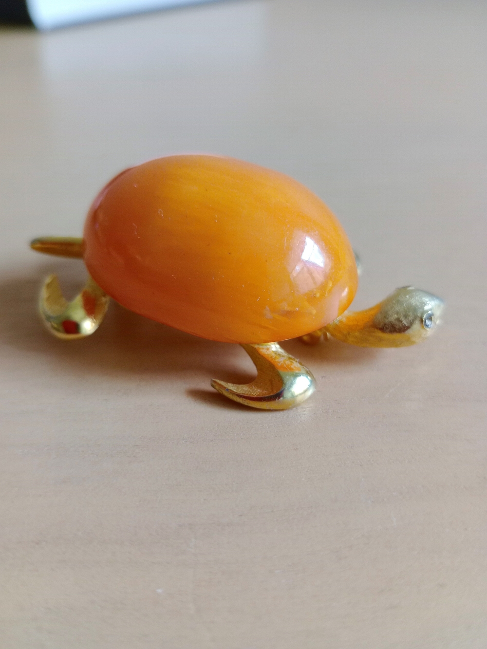 Gold-Tone Turtle Brooch with Glossy Orange Cabochon - Picture 2 of 8